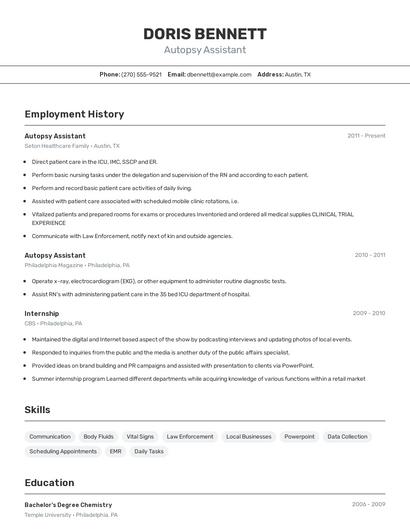 Autopsy Assistant Resume