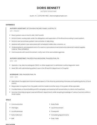 Autopsy Assistant Resume