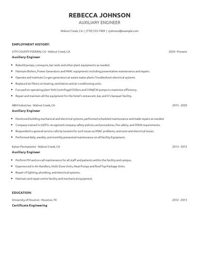 Auxiliary Engineer Resume
