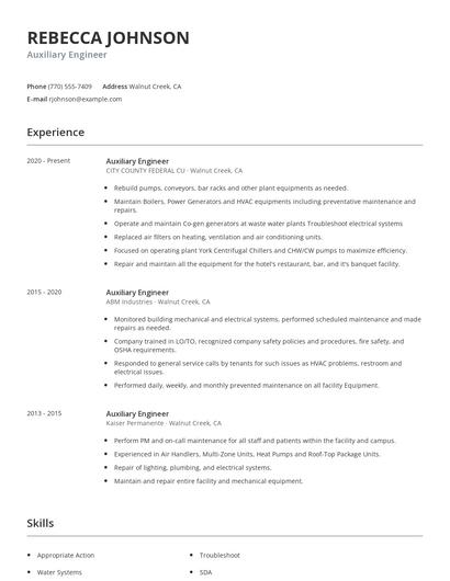Auxiliary Engineer Resume