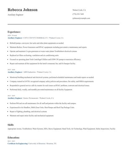 Auxiliary Engineer Resume
