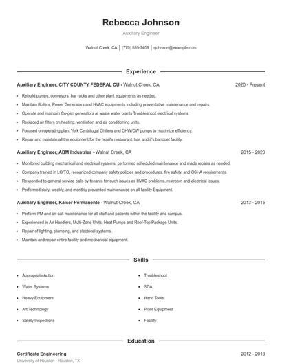 Auxiliary Engineer Resume