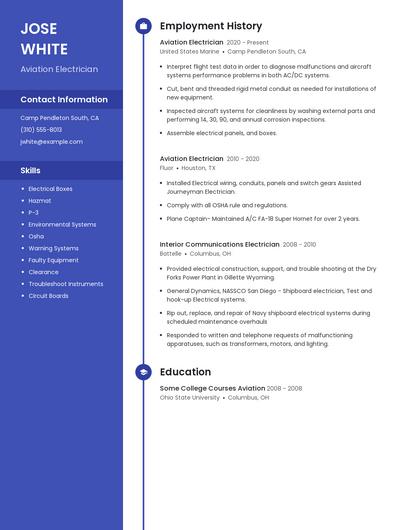 Aviation Electrician Resume