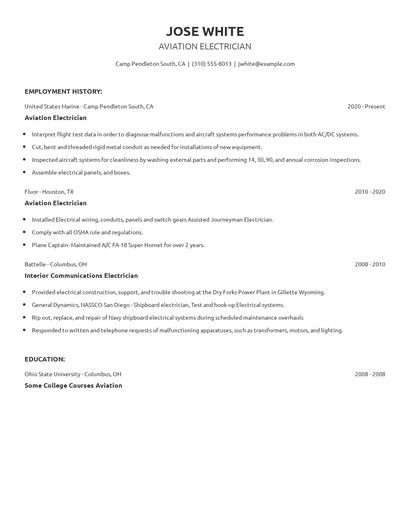 Aviation Electrician Resume