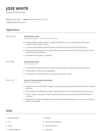Aviation Electrician Resume