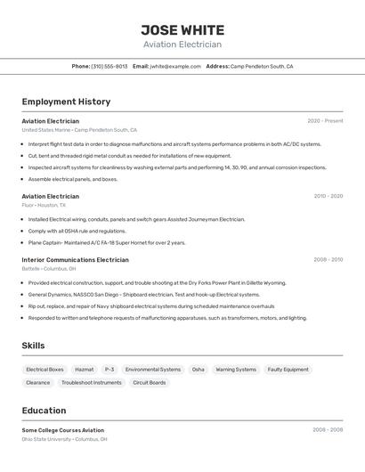Aviation Electrician Resume