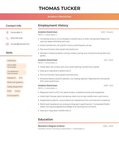 Aviation Electrician Resume