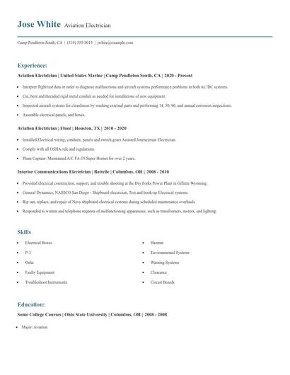 Aviation Electrician Resume