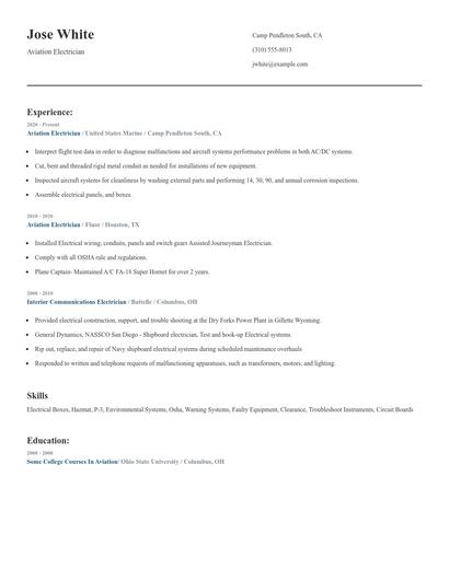 Aviation Electrician Resume