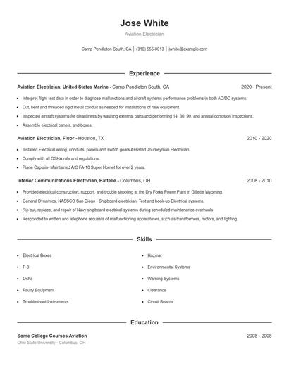 Aviation Electrician Resume