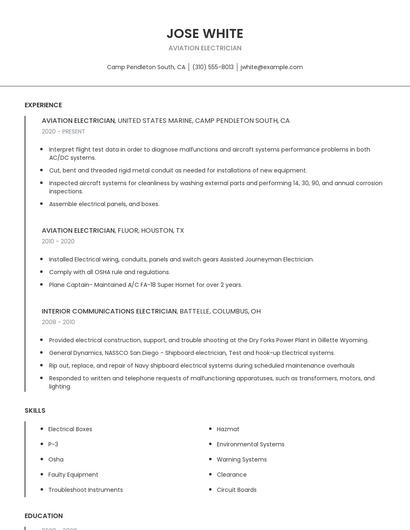 Aviation Electrician Resume