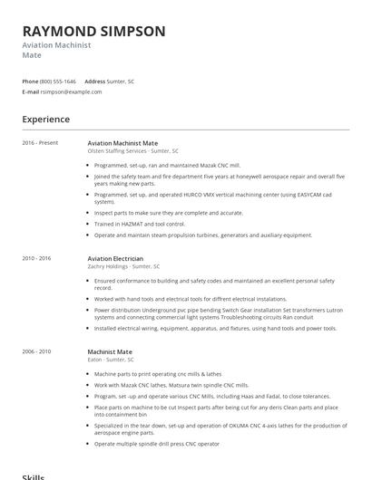 Aviation Machinist Mate Resume