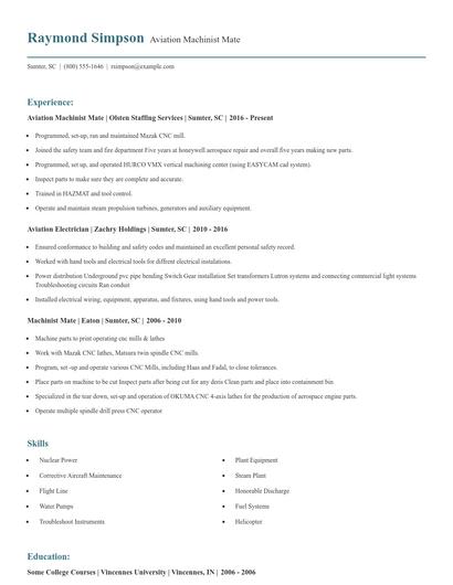 Aviation Machinist Mate Resume