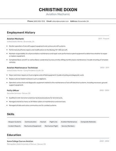Aviation Mechanic Resume
