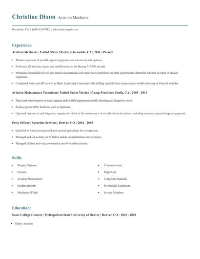 Aviation Mechanic Resume