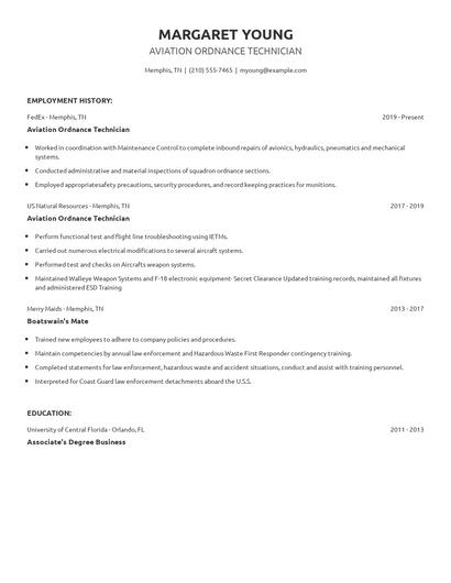 Aviation Ordnance Technician Resume