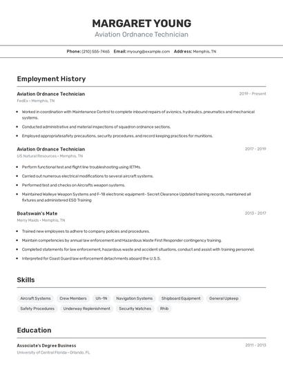Aviation Ordnance Technician Resume