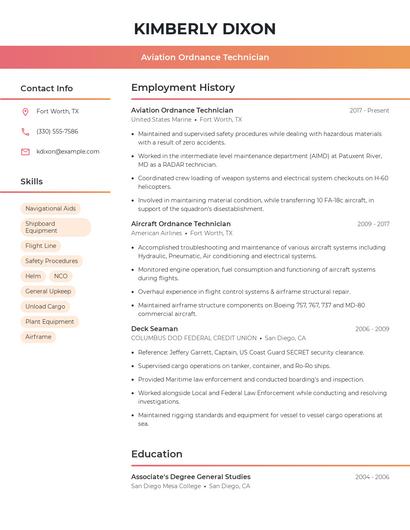 Aviation Ordnance Technician Resume