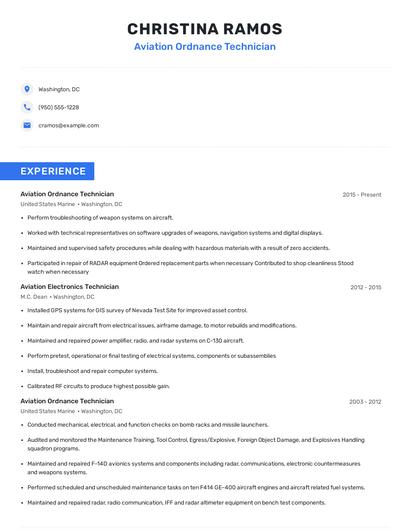 Aviation Ordnance Technician Resume