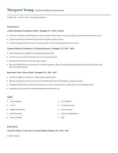 Aviation Ordnance Technician Resume