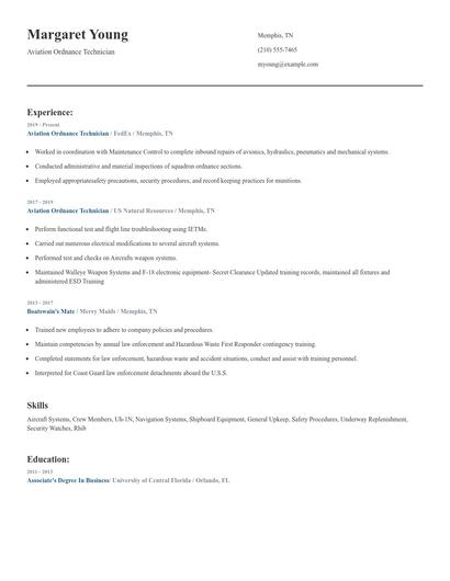 Aviation Ordnance Technician Resume
