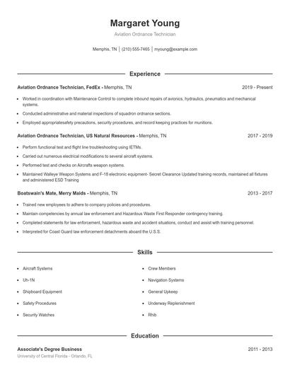 Aviation Ordnance Technician Resume