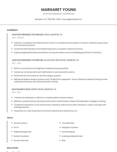Aviation Ordnance Technician Resume