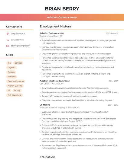 Aviation Ordnanceman Resume