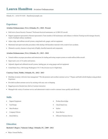 Aviation Ordnanceman Resume