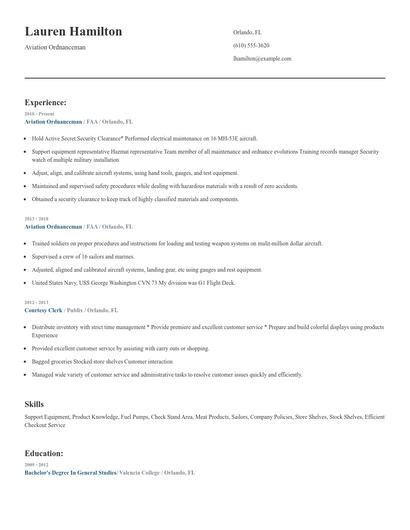 Aviation Ordnanceman Resume