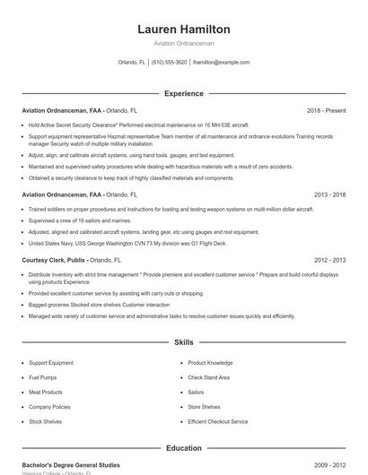 Aviation Ordnanceman Resume