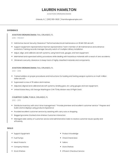 Aviation Ordnanceman Resume