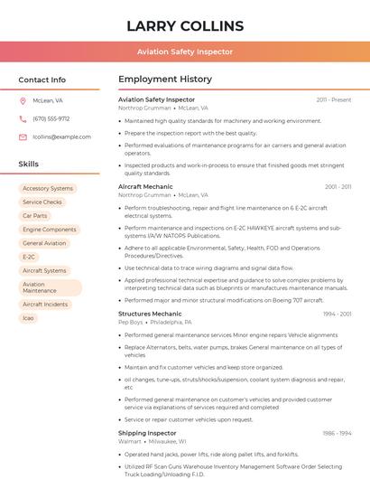 Aviation Safety Inspector Resume