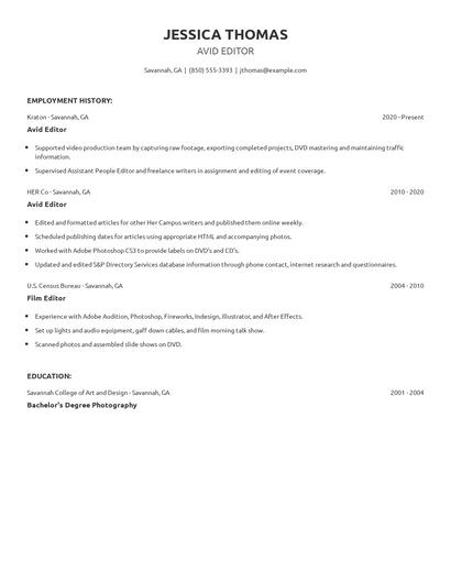 Avid Editor Resume