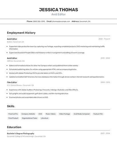 Avid Editor Resume