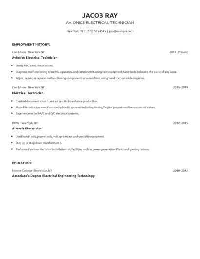 Avionics Electrical Technician Resume