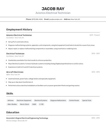 Avionics Electrical Technician Resume