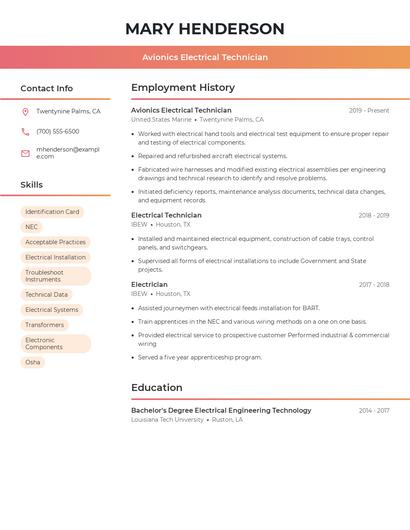 Avionics Electrical Technician Resume