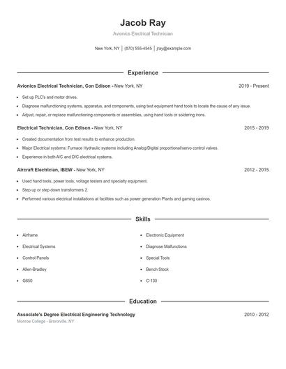 Avionics Electrical Technician Resume