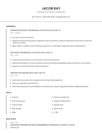 Avionics Electrical Technician Resume