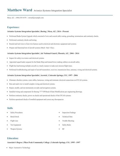 Avionics Systems Integration Specialist Resume