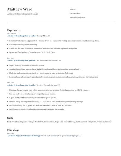 Avionics Systems Integration Specialist Resume