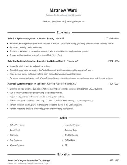 Avionics Systems Integration Specialist Resume