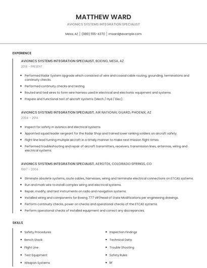 Avionics Systems Integration Specialist Resume