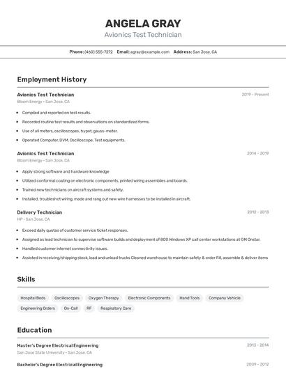 Avionics Test Technician Resume