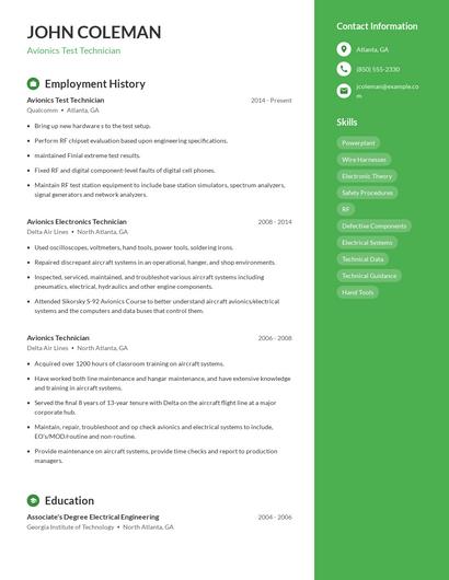 Avionics Test Technician Resume