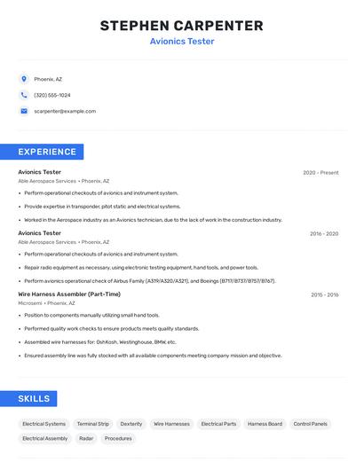 Avionics Tester Resume