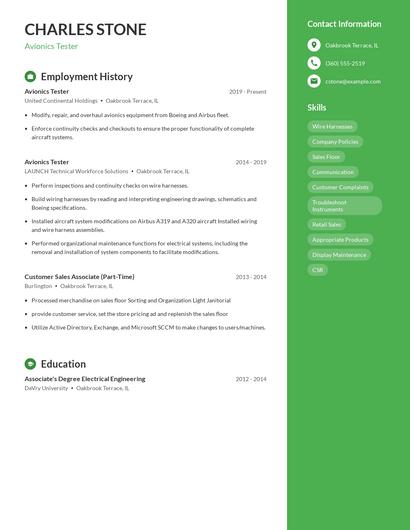 Avionics Tester Resume