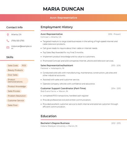 Avon Representative Resume