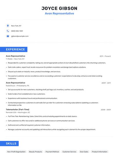 Avon Representative Resume
